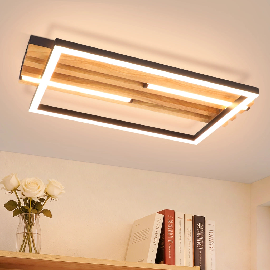 ZMH Lampada da Soffitto LED Legno 24W 38cm Luce Calda Nero Rettangolare Moderna per Camera da Letto Soggiorno