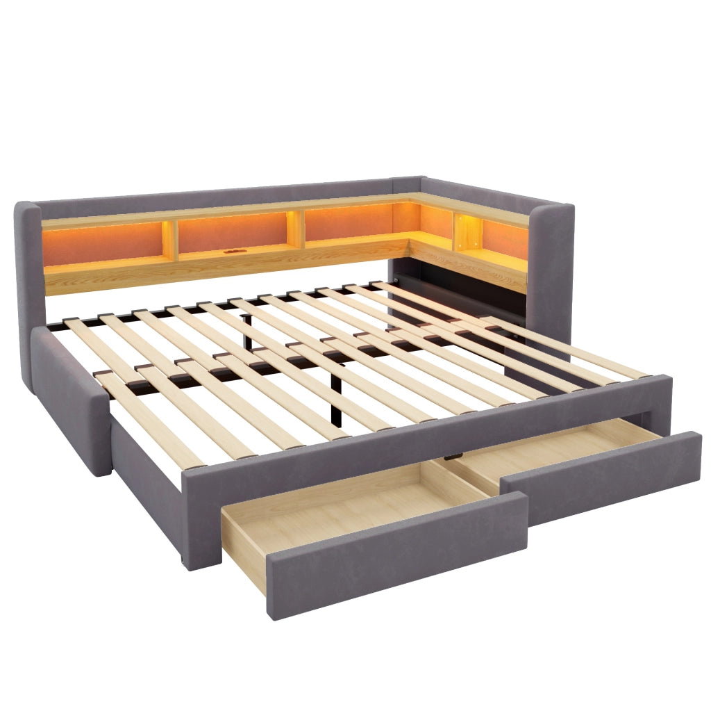 Divano letto estraibile 3 in 1 90x200 cm con cassetti; LED e presa; grigio