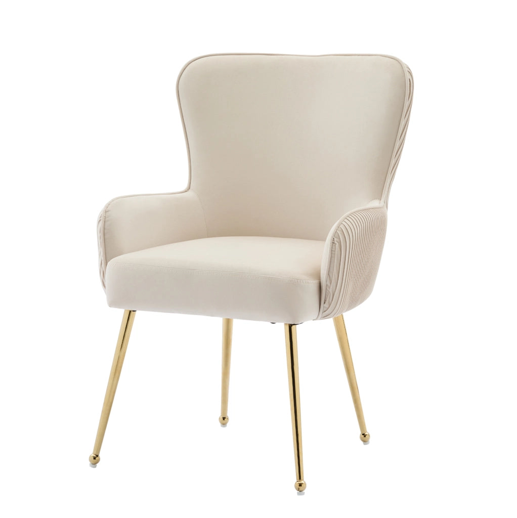 Set 2 sedie da pranzo in velluto beige e oro con braccioli; schienale trapuntato e piedi regolabili