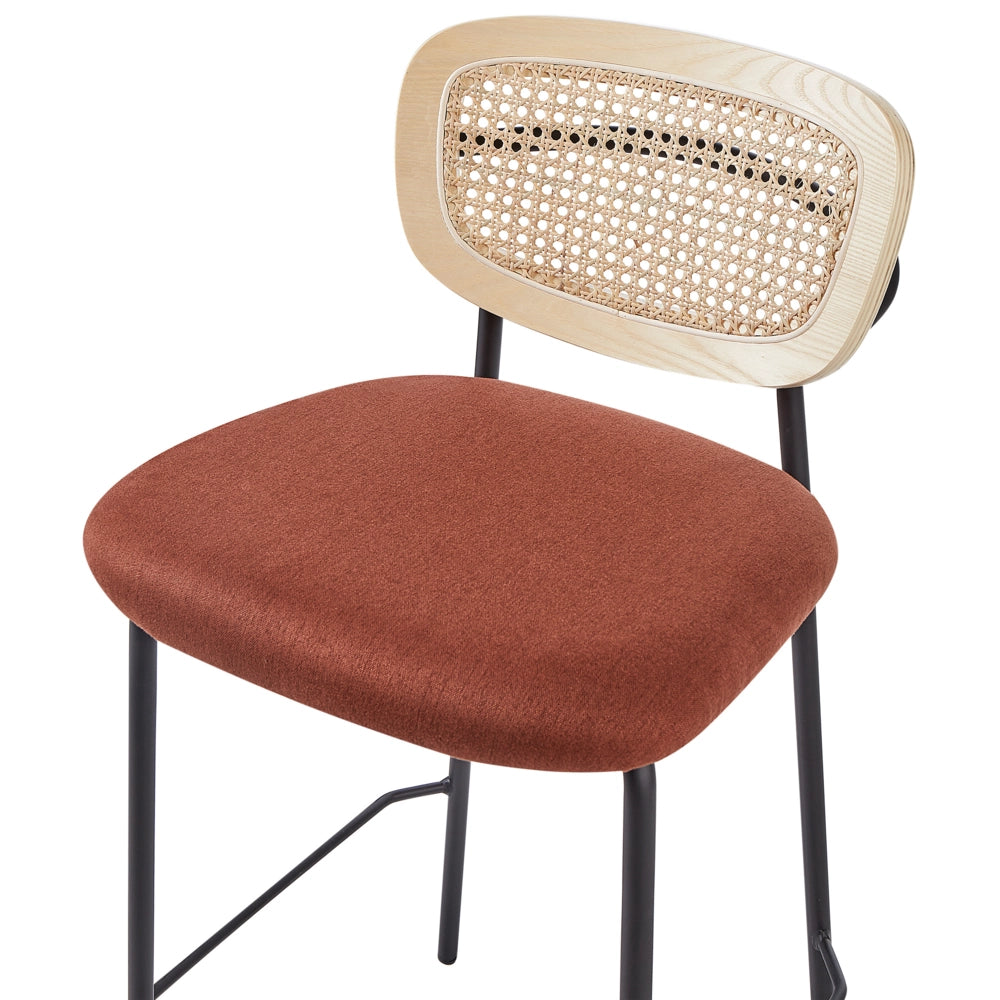 Set di 2 sedie da bar Arancione Rivestimento in poliestere nero Schienale in rattan naturale a treccia viennese Gambe in metallo nero Sgabelli senza braccioli
