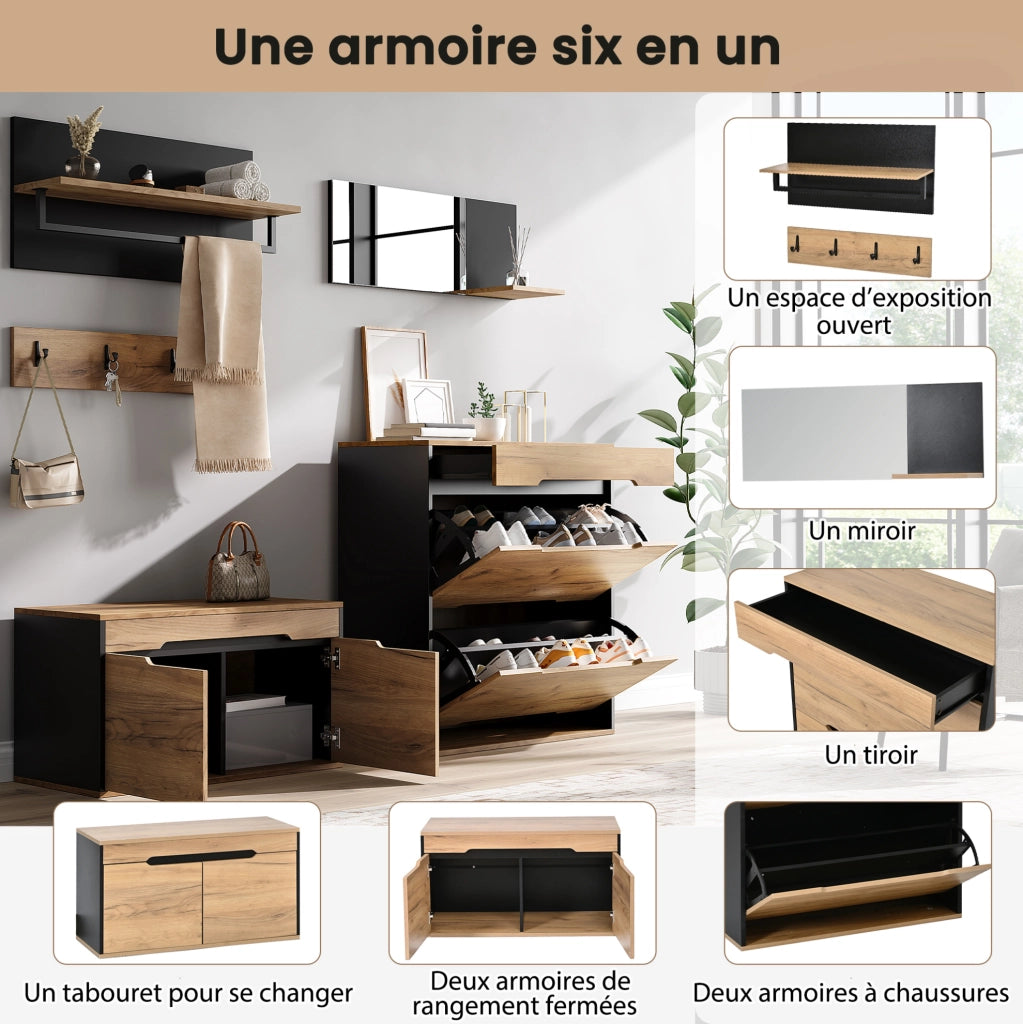Set ingresso modulare 156x36x176 cm con specchio; scarpiera ribaltabile; 4 ganci; naturale e nero