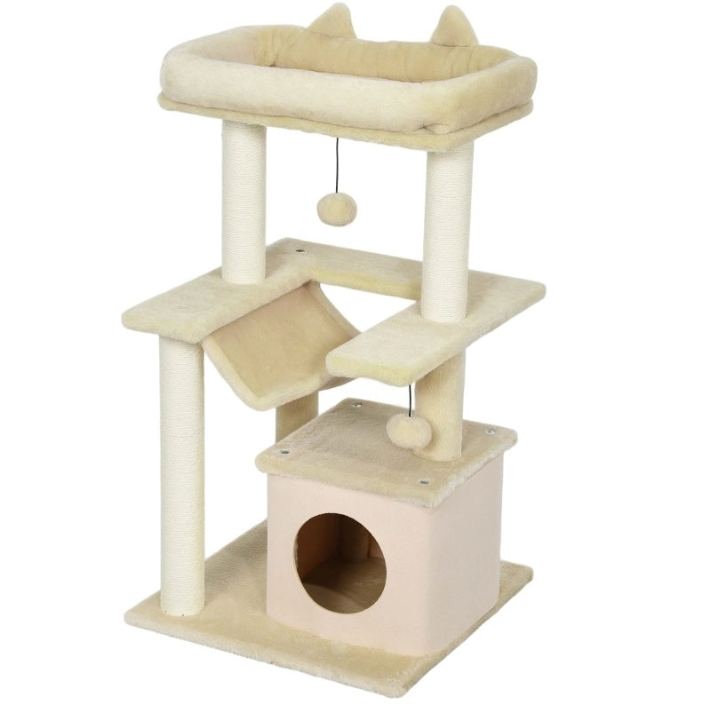 Tiragraffi per gatti multi-livello con amaca, cuccia e gioco a pallina, 48 x 48 x 90 cm, bianco crema