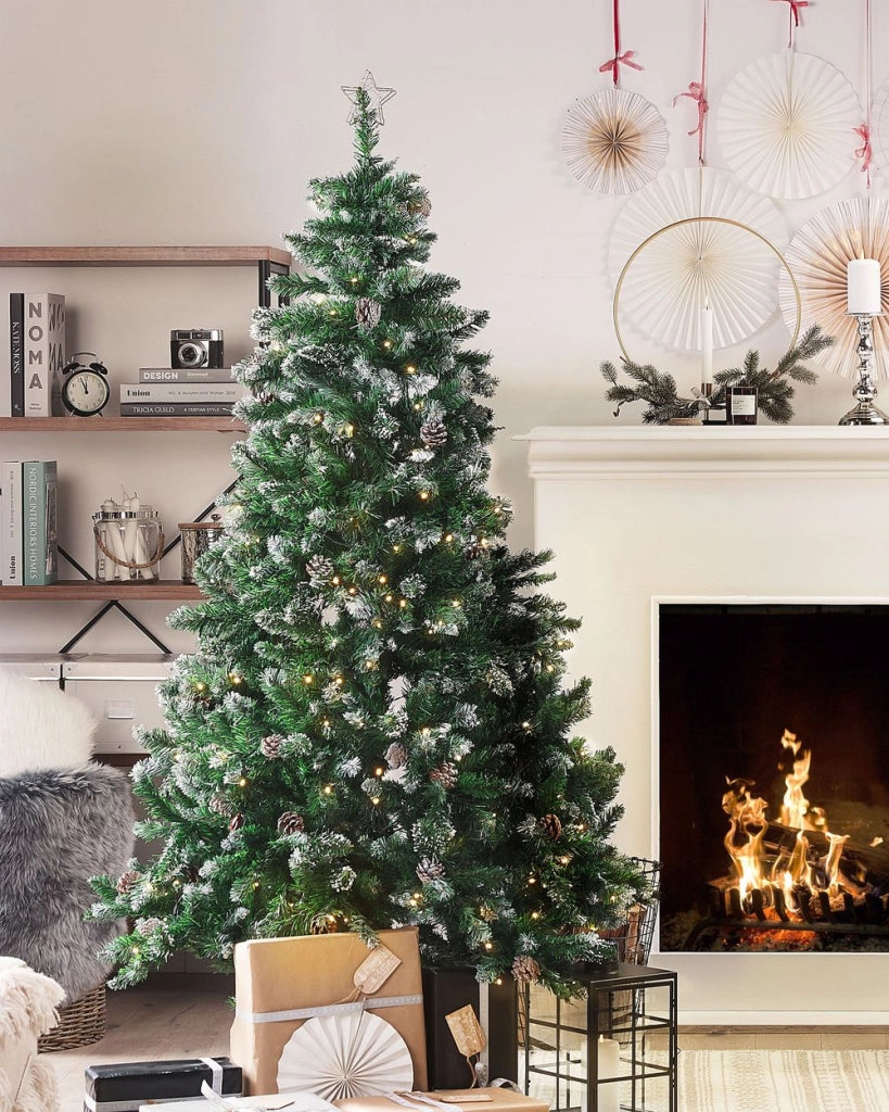 Albero Natale Artificiale Pre-Illuminato Verde Innevato Base Nera 180 cm