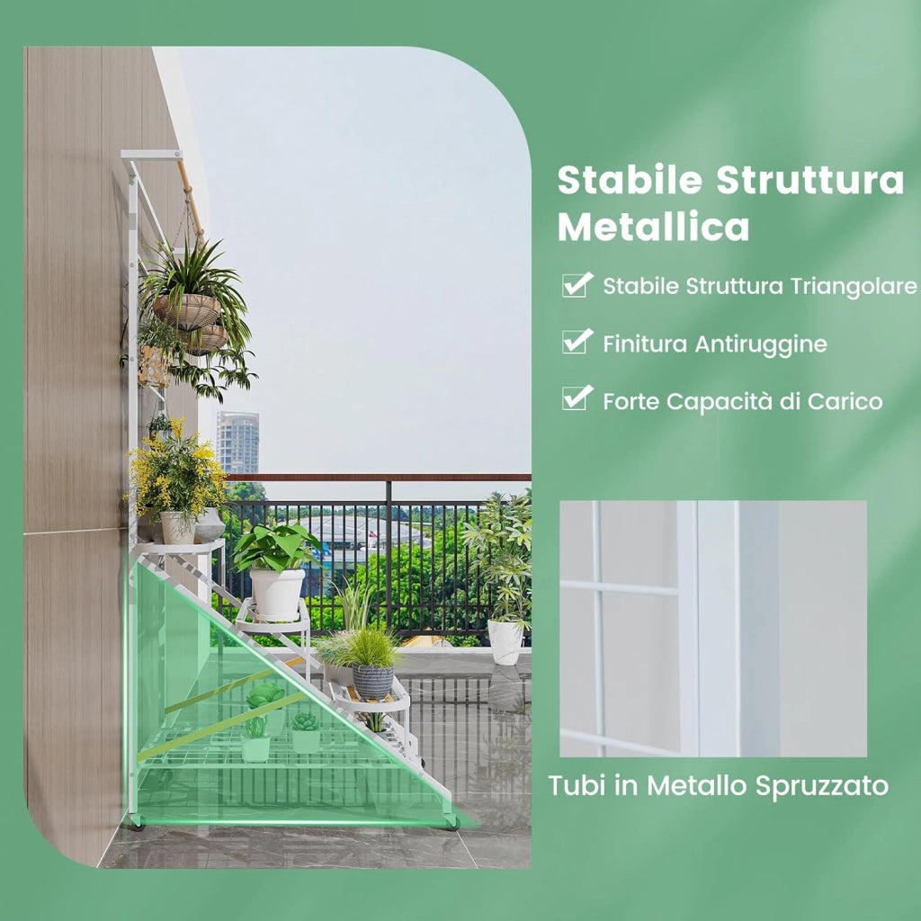 Scaffale per Piante da Interno ed Esterno, Porta Piante a 4 Livelli con Ruote, Barra e Traliccio, Portafiori da Soggiorno, Balcone, Giardino e Terrazzo, 80 x 85 x 175 cm