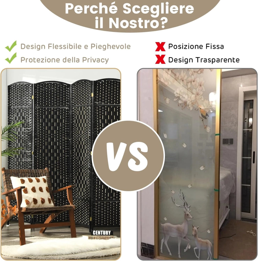 Paravento da Interno ed Esterno 6 Pannelli, Separé Divisorio Pieghevole in Carta Intrecciata a Mano e Cornice in Legno Massello per Camera da Letto, Soggiorno e Ufficio, 273 x 180 cm (Nero)