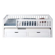 Letto estraibile singolo 90×200 cm con 2 cassetti; sponde di sicurezza e rete; senza materasso; legno; bianco