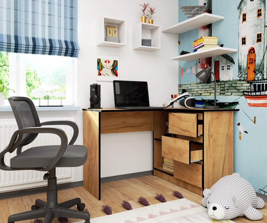 Scrivania angolare AKORD B16 Quercia Craft 124 cm 3 cassetti 124x85x77 cm Modello a destra