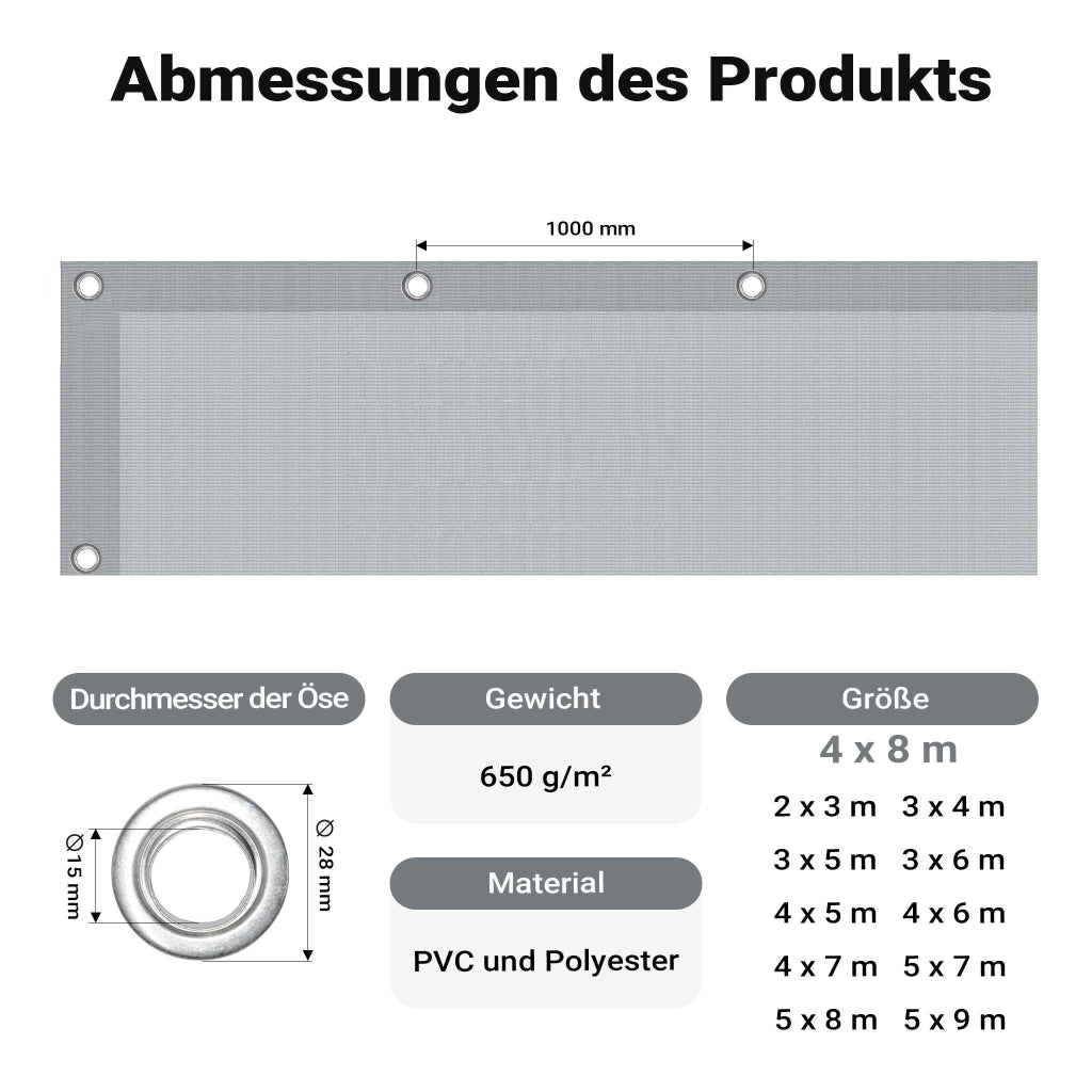 Telone occhiellato grigio 4 x 8 m resistente alle intemperie e a raggi UV, impermeabile, robusto telo di protezione in poliestere 650 g/m² con rivestimento in PVC