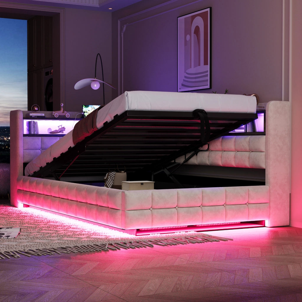 Divano letto imbottito 90x200 cm in velluto beige con contenitore; LED e USB