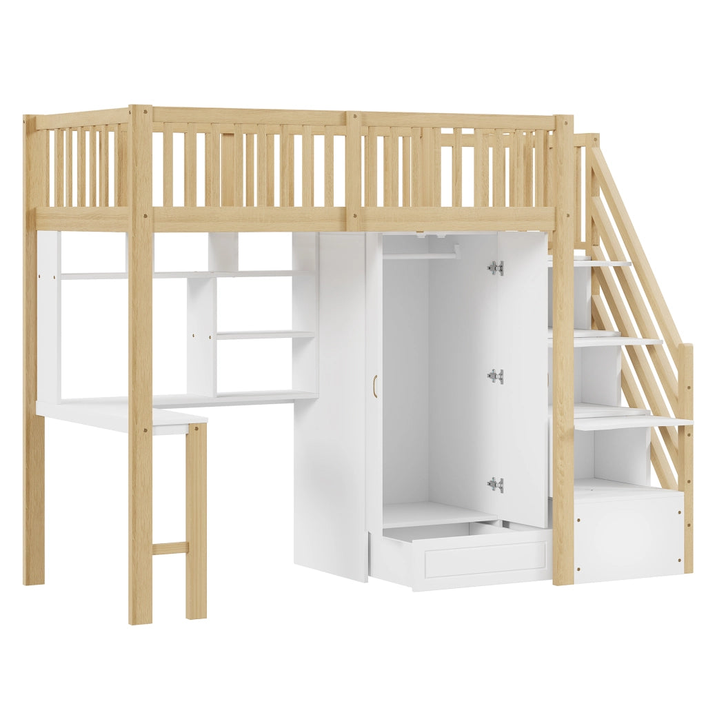 OKWISH Letto a Soppalco 90×200 cm, Letto Singolo con Scala con Cassetti, Armadio, Scrivania e Mensole, senza Materasso, Legno