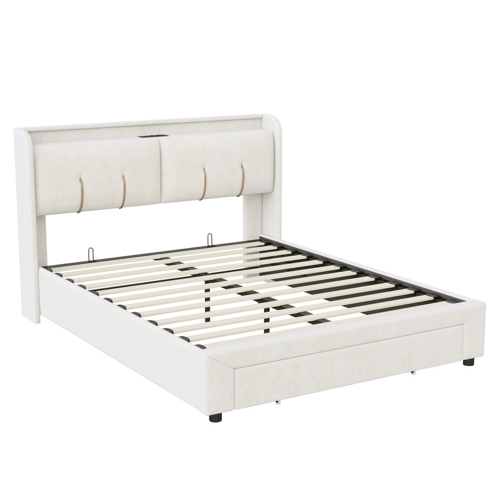 Letto contenitore matrimoniale con LED ¨C Minimal ¨C velluto beige 160x200cm