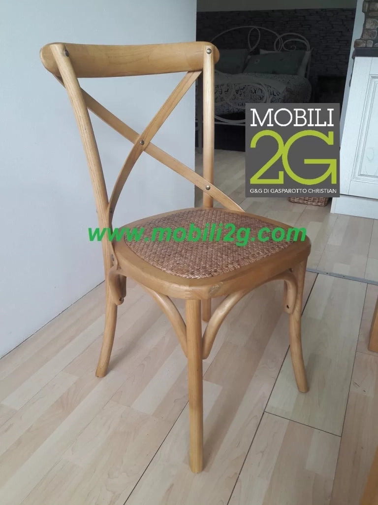 Set 4 sedie cross bistrot shabby vintage legno olmo seduta rivestita rattan naturale - Mobili 2G