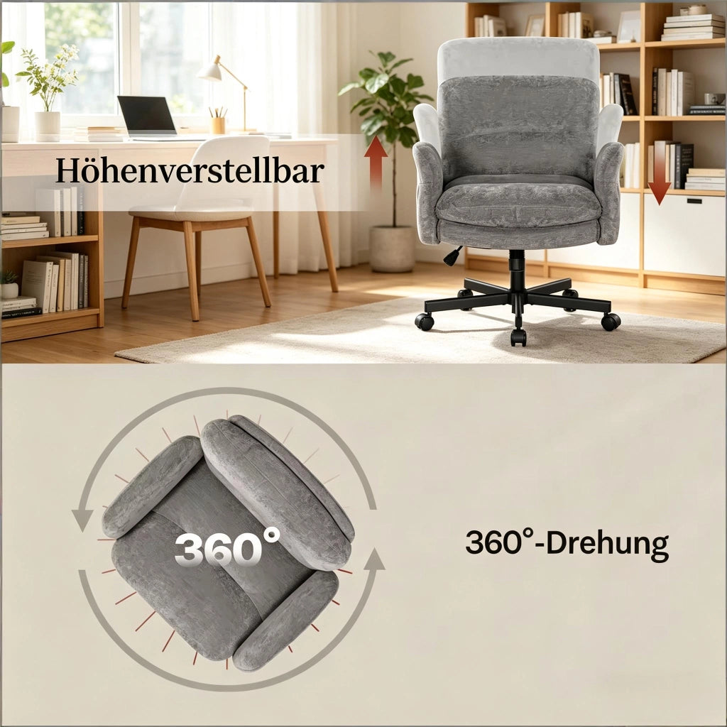 Sedia da pranzo girevole 360° ergonomica con schienale imbottito in ciniglia cotone e metallo grigio