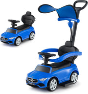 3 in 1 Auto a Spinta, Mercedes-Benz Macchina Cavalcabile, con Schienale Regolabile Suono Barra di Spinta e Tettuccio, per Bambini 18-36 Mesi (Blu)