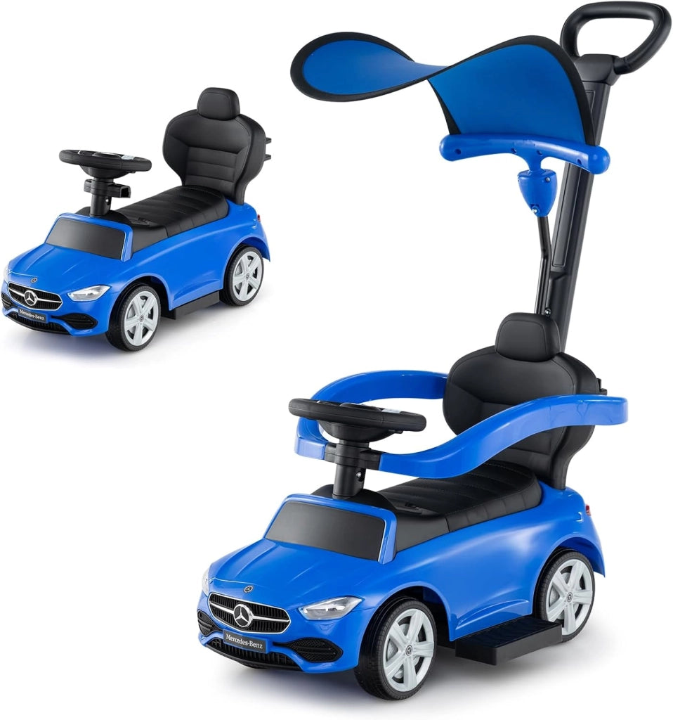 3 in 1 Auto a Spinta, Mercedes-Benz Macchina Cavalcabile, con Schienale Regolabile Suono Barra di Spinta e Tettuccio, per Bambini 18-36 Mesi (Blu)
