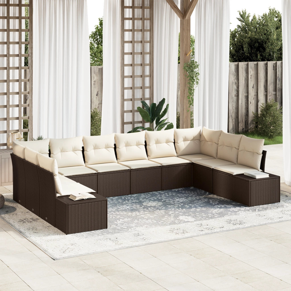 Set divani da giardino con 10 pezzi e cuscini marroni in rattan