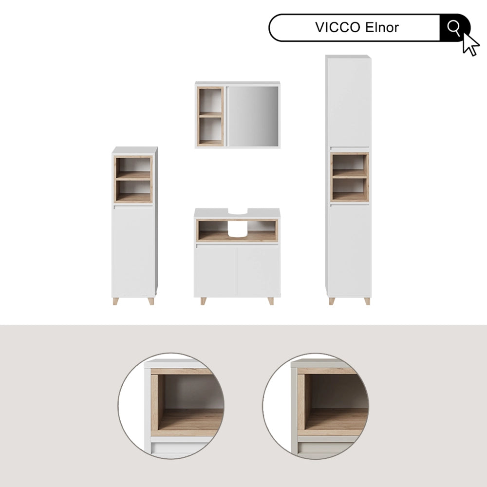 Vicco Set di mobili da bagno Bianco/quercia con mobiletto a specchio e mobiletto base