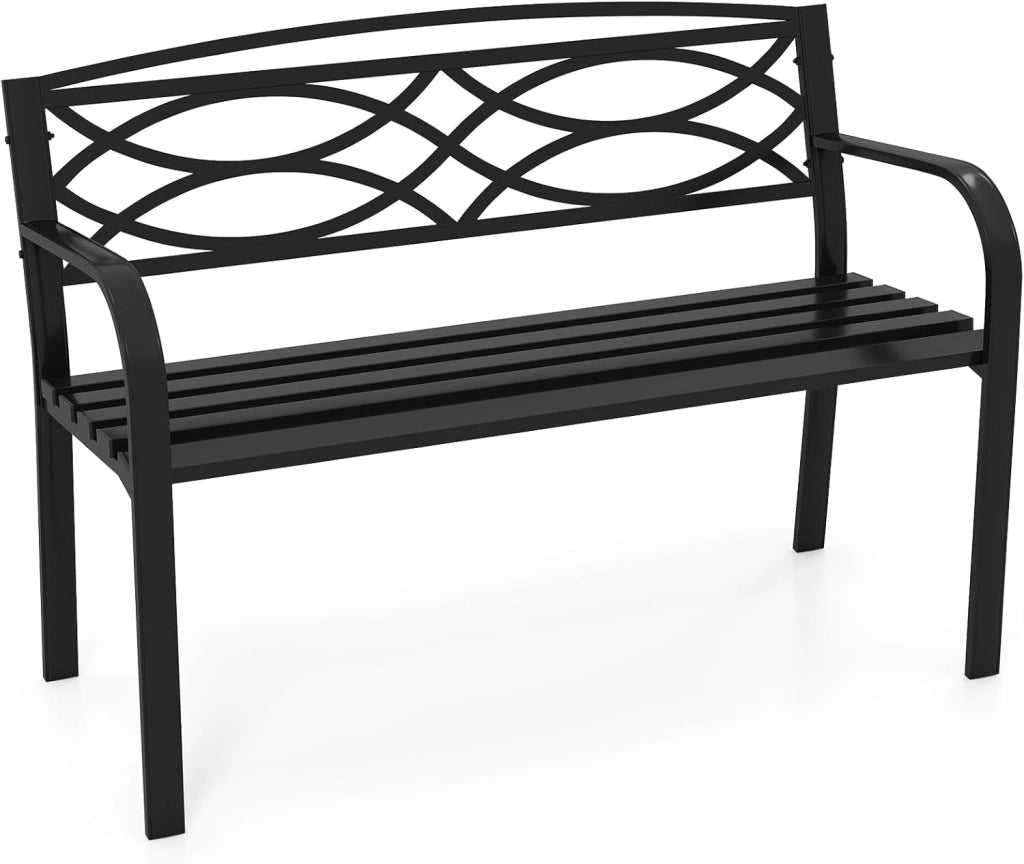 Panchina da Esterno 2-3 Posti, Panca in Metallo con Schienale Motivo Geometrico, Braccioli e Seduta a Doghe, Sedia Moderna per Parco, Cortile e Giardino