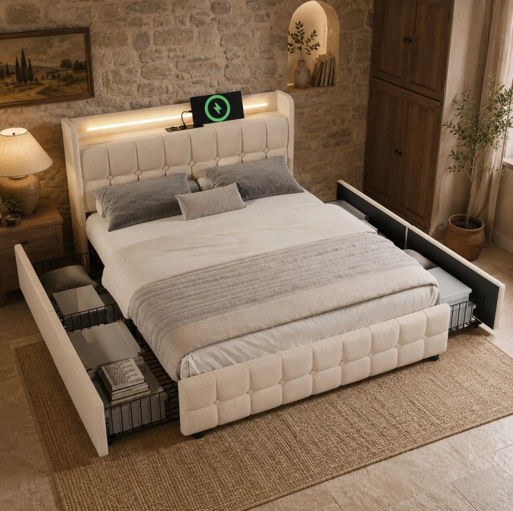 Letto matrimoniale imbottito 180x200 cm con USB; LED e 4 cassetti; beige
