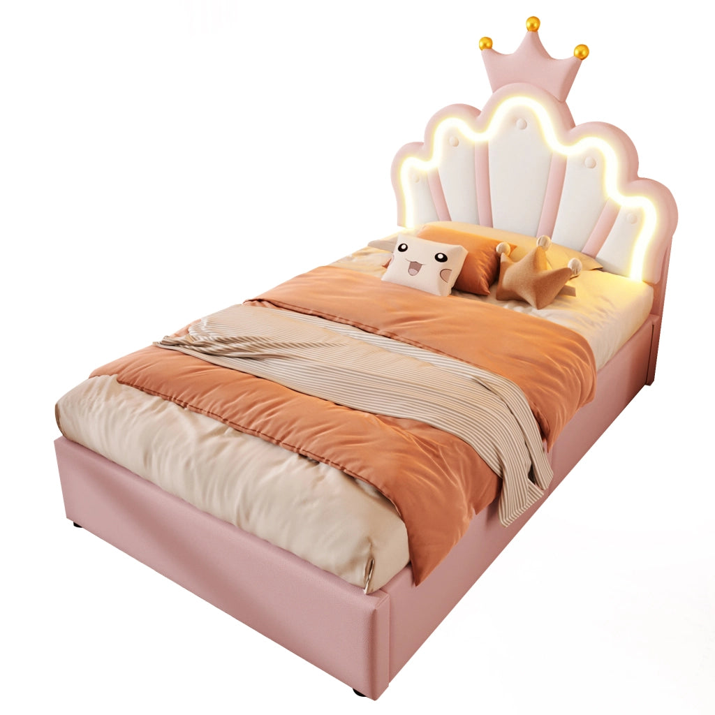 Crown Princess Single Bed 90x200cm con meccanismo idraulico di sollevamento in PU rosa