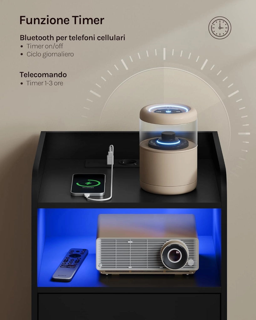 Comodino per Camera da Letto, Comodino Nero con Prese, Porte USB e Luci a LED, Tavolino con 1 Piano, 1 Scomparto e 2 Cassetti, Tavolino da Divano in Legno, NTS07sz