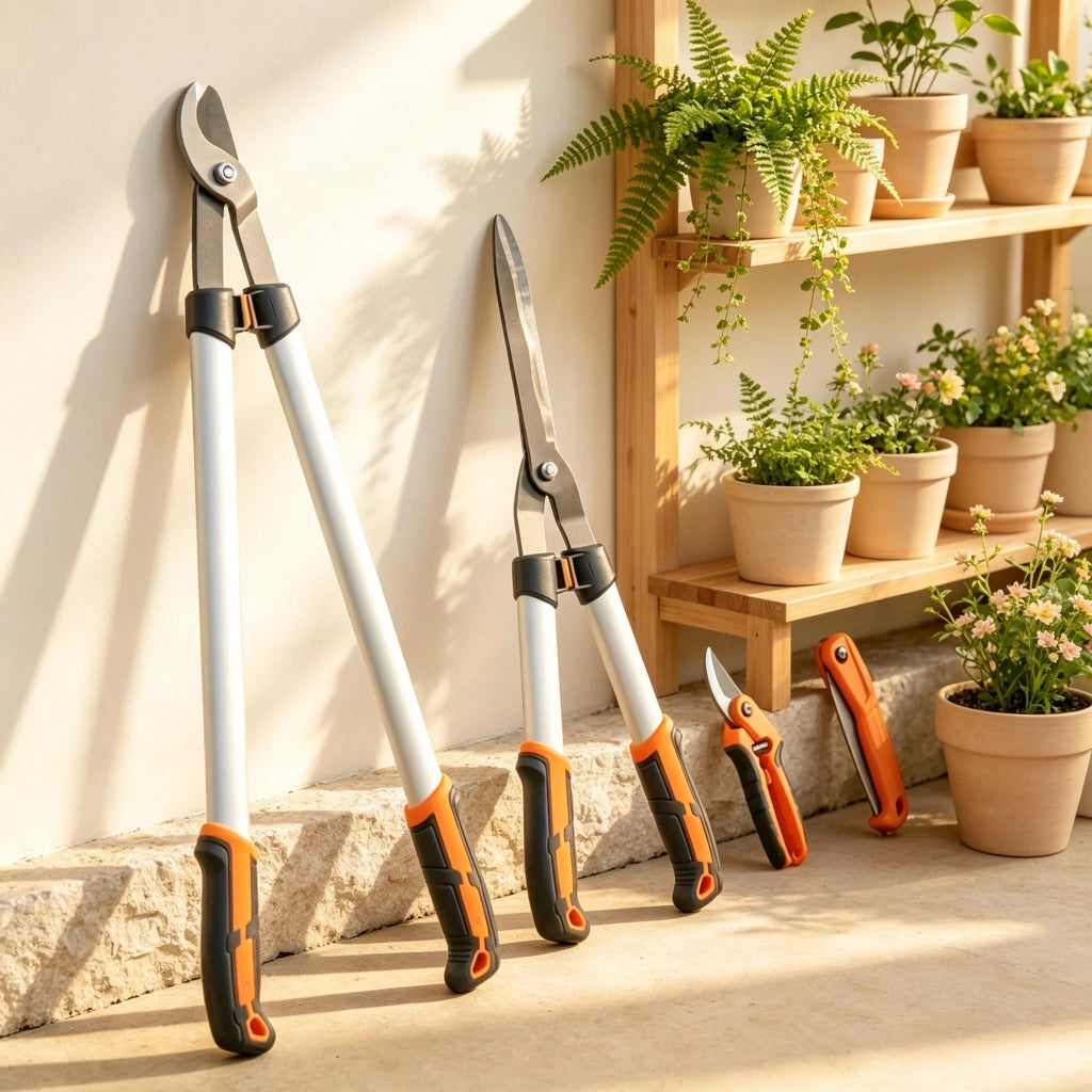 Set di cesoie da giardino in 4 pezzi con taglia-rami, taglia-tronchi, cesoie da potatura e sega pieghevole, manici in alluminio.