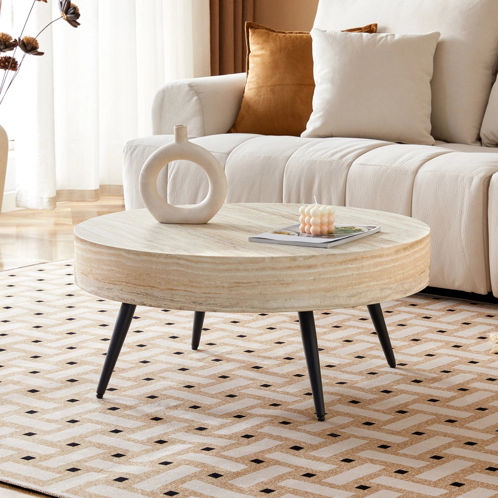 TAVOLINO DA CAFFÈ Rotondo 70 cm MDF effetto travertino chiaro, gambe nere