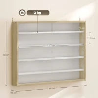 Bacheca Portaoggetti a 4 Ripiani Regolabili in Legno con Ante in Vetro, 80x9.5x60 cm, Bianco e color Legno