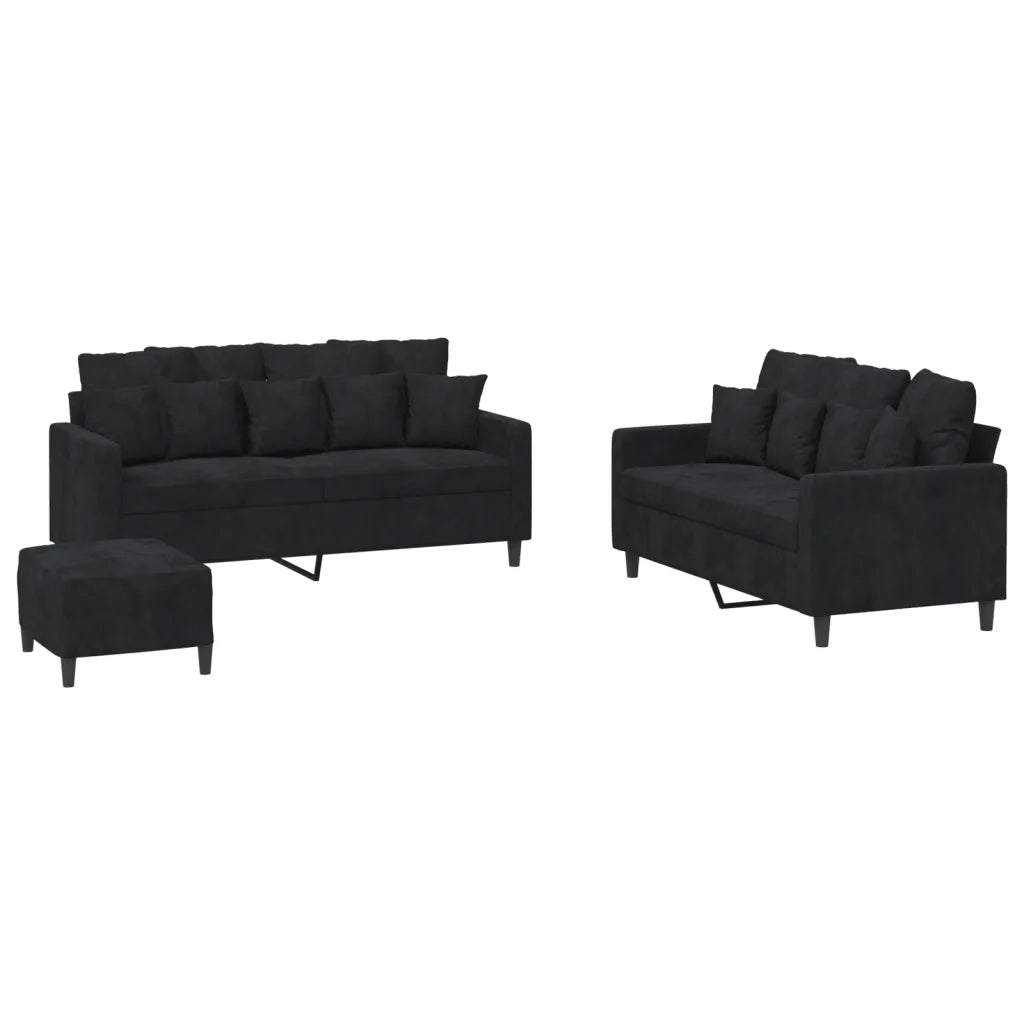 Set di Divani 3 pz con Cuscini Nero in Velluto