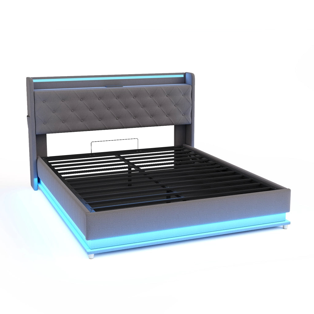Letti contenitori 140x200 cm; luci LED multicolore e USB; tessuto grigio