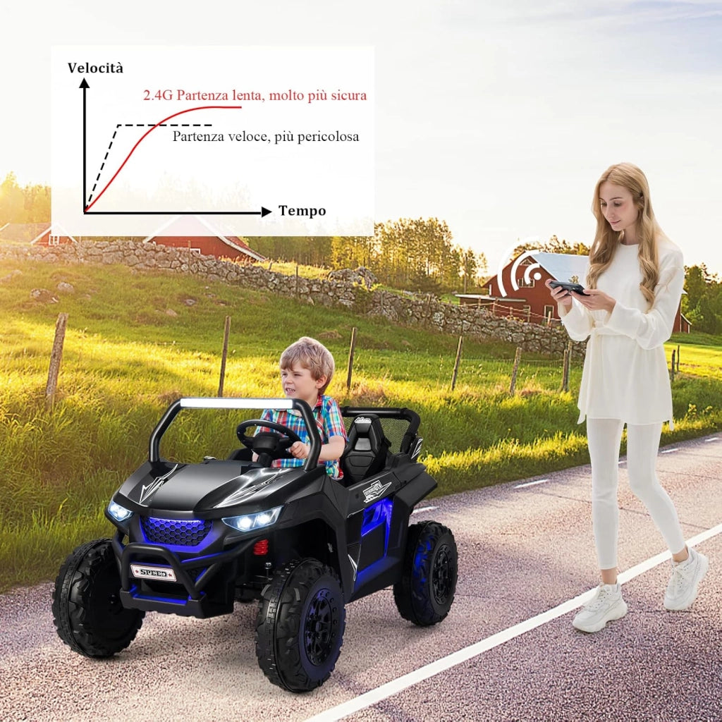 12V Auto Elettrico per Bambini, Macchina Fuoristrada a 2 Posti, Macchina Elettrica con Luci Suoni, Regalo per Bambini 3-8 Anni, 118x74x71 cm (Nero)