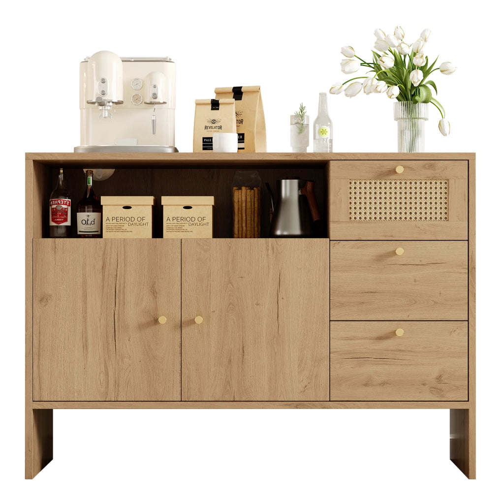 Credenza con 2 Ante e 3 Cassetti in Rattan ¨C Xylo ¨C Legno, 105x40x76