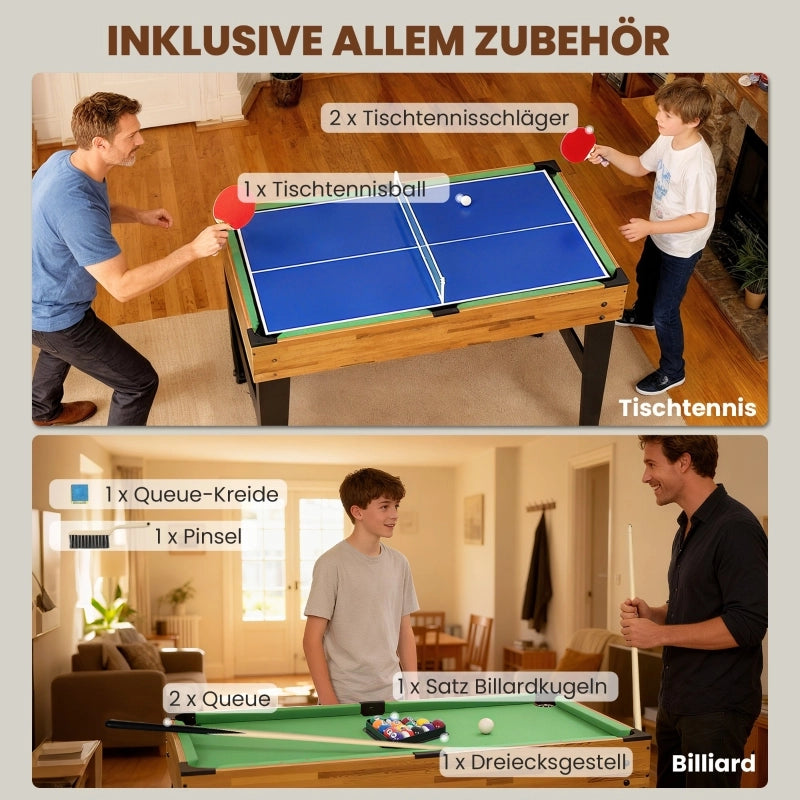 Tavolo da gioco 13 in 1: calcio balilla, scacchi, biliardo, ping-pong e altro ancora. Materiali: MDF, plastica, noce.