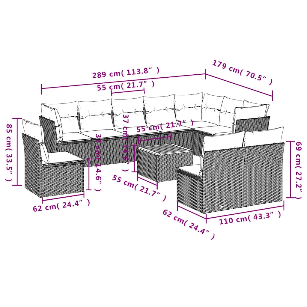Set Divani da Giardino 11 pz con Cuscini in Polyrattan Grigio