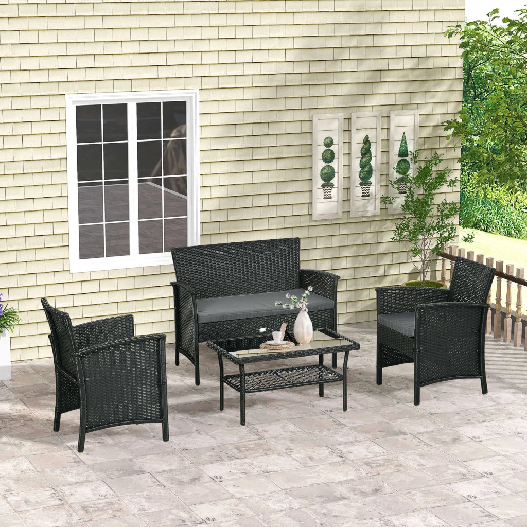 Set Salotto da Giardino Divano 2 Poltrone con Cuscini e Tavolino in Vetro in Rattan PE Nero e Grigio