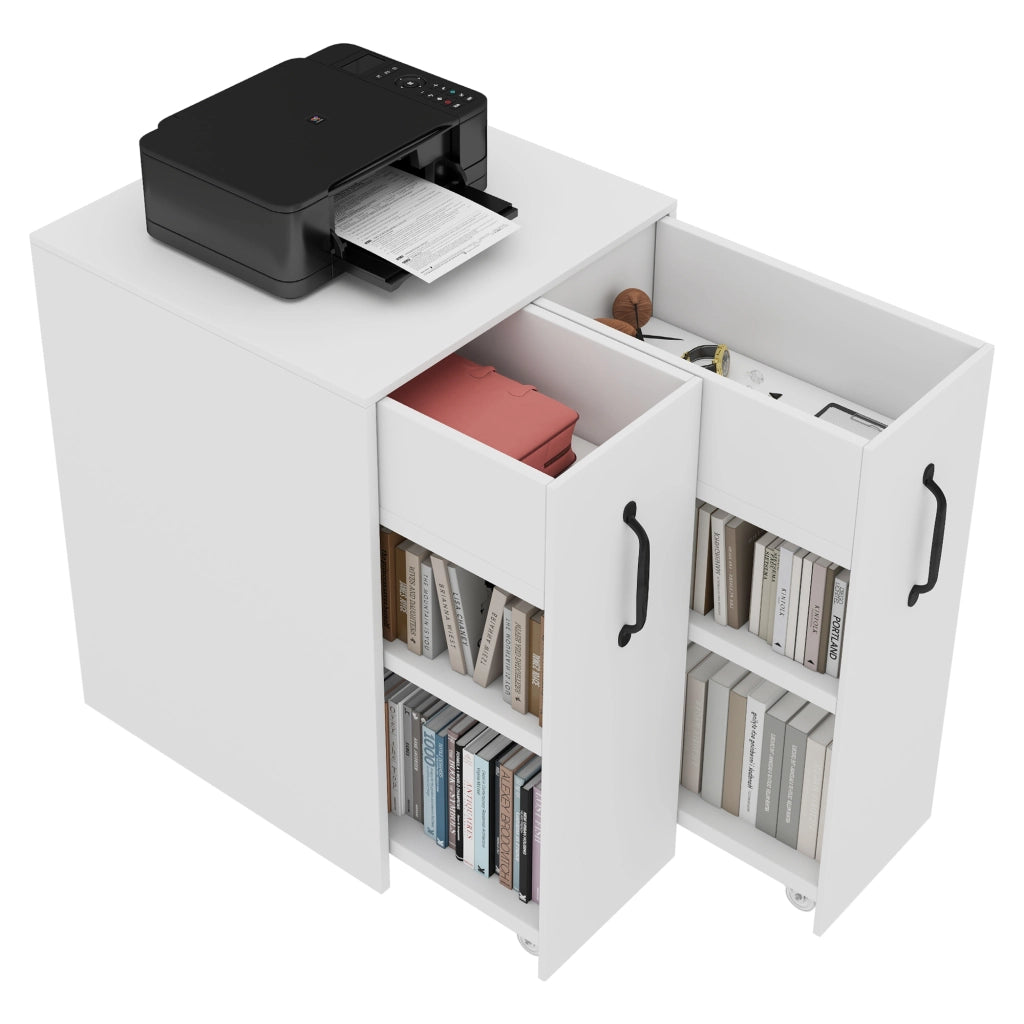 Mobile libreria salvaspazio con ruote 52 x 50 x 75 cm, bianca, con cassetti e ripiani, configurazione reversibile sinistra/destra