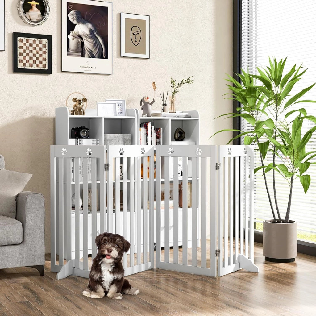 Cancelletto per Cani Pieghevoli 204 x 90 cm, Barriera per Cani in Legno a 4 Pannelli con Piedini Stabili, Recinzione per Scale, Ingressi e Corridoi (Bianco)