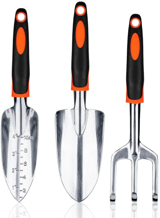 Set di attrezzi per giardinaggio in lega di alluminio, 3 pezzi, per uso intensivo, con manico ergonomico, composto da coltello per piante, coltello per rinnovare e rastrello per prato e bordo, colore arancione