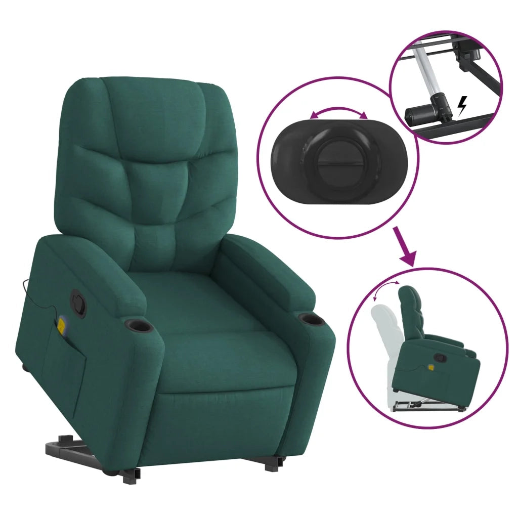 Poltrona Alzapersona Massaggiante | Sedia Relax Verde Scuro in Tessuto
