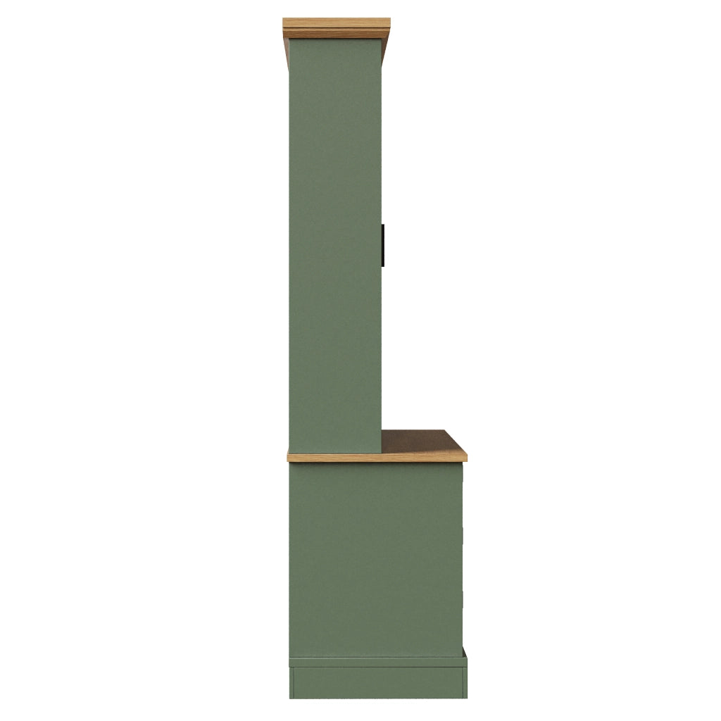 Credenza alta con vetrina, 6 cassetti e ante doppie, per cucina, in MDF e metallo, verde, 140 × 40 × 185 cm