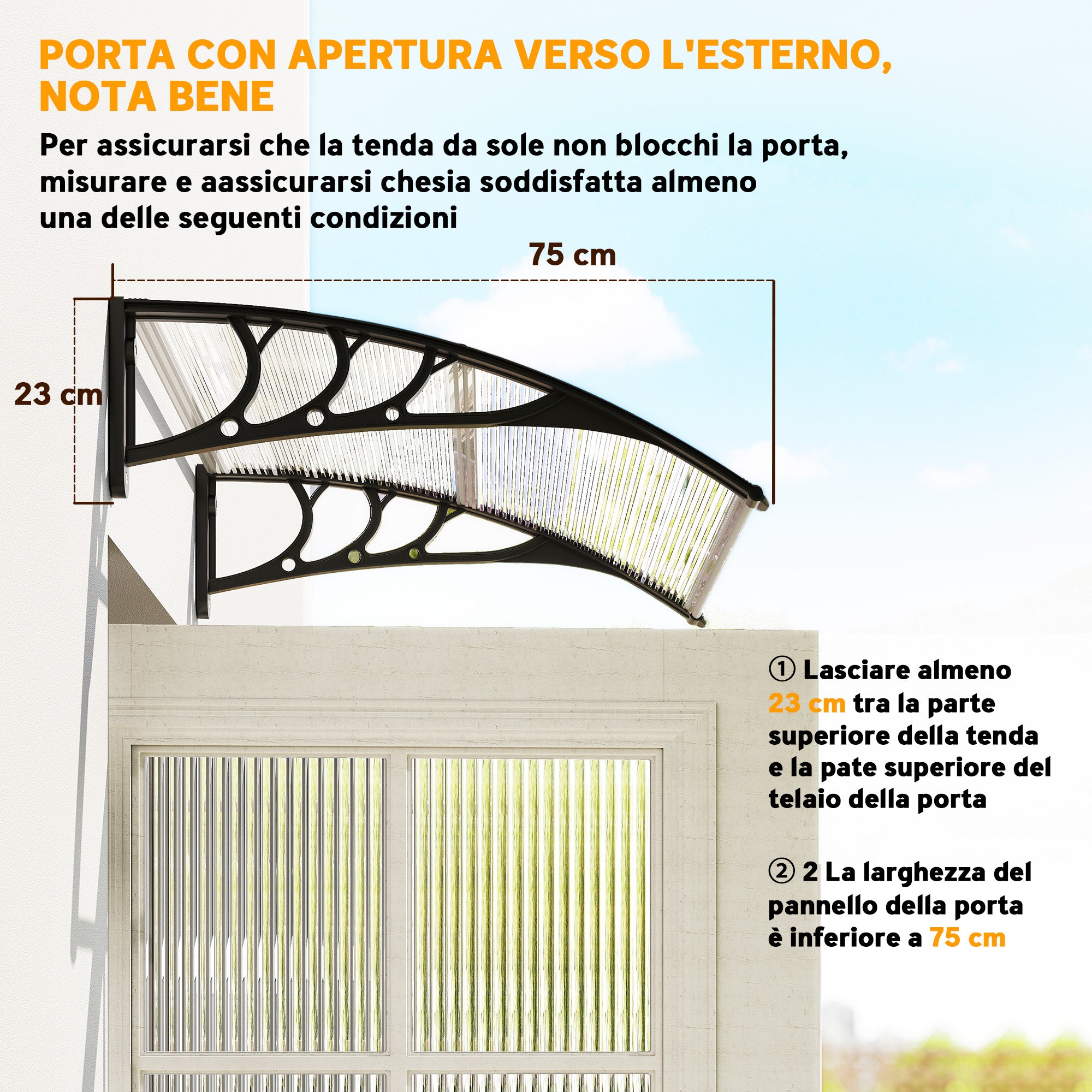 Pensilina da Esterni Impermeabile e Anti-UV 75x100x23 cm in PC PP e Alluminio Trasparente e Nero