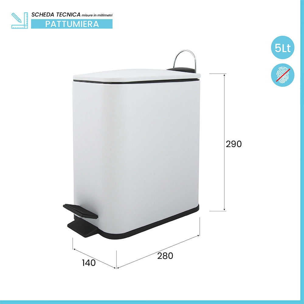Pattumiera bagno 5 Lt in acciaio bianco opaco con apertura a pedale Rexa