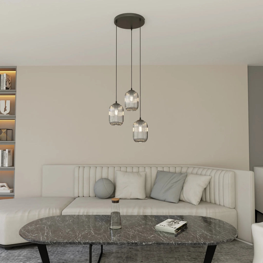 Lampadario 3 Luci Selene Base Tonda In Acciaio Nero E Vetri Plissettati Fumè