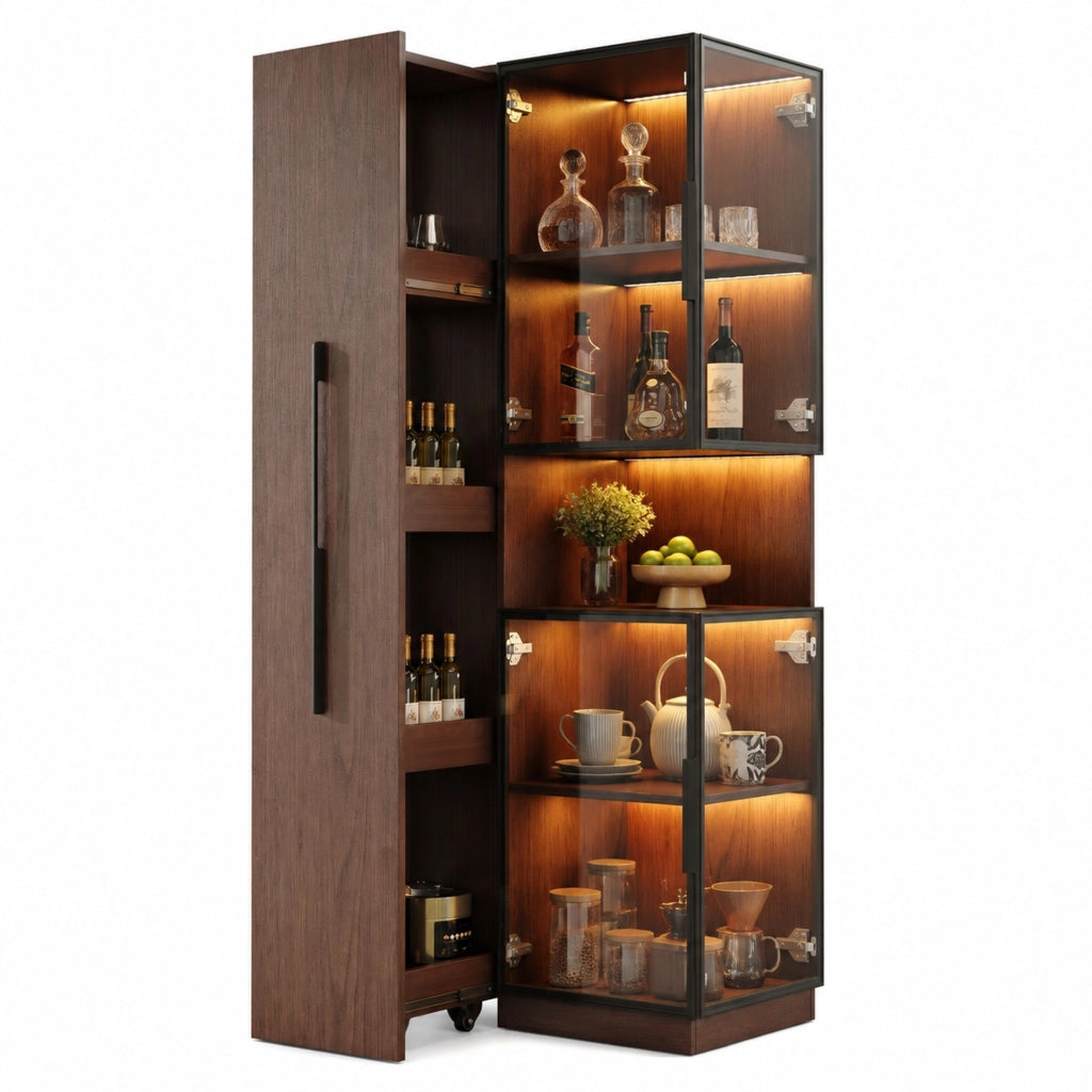 Vetrina con ripiani estraibili e LED 70x38x160 cm in MDF e vetro; marrone noce