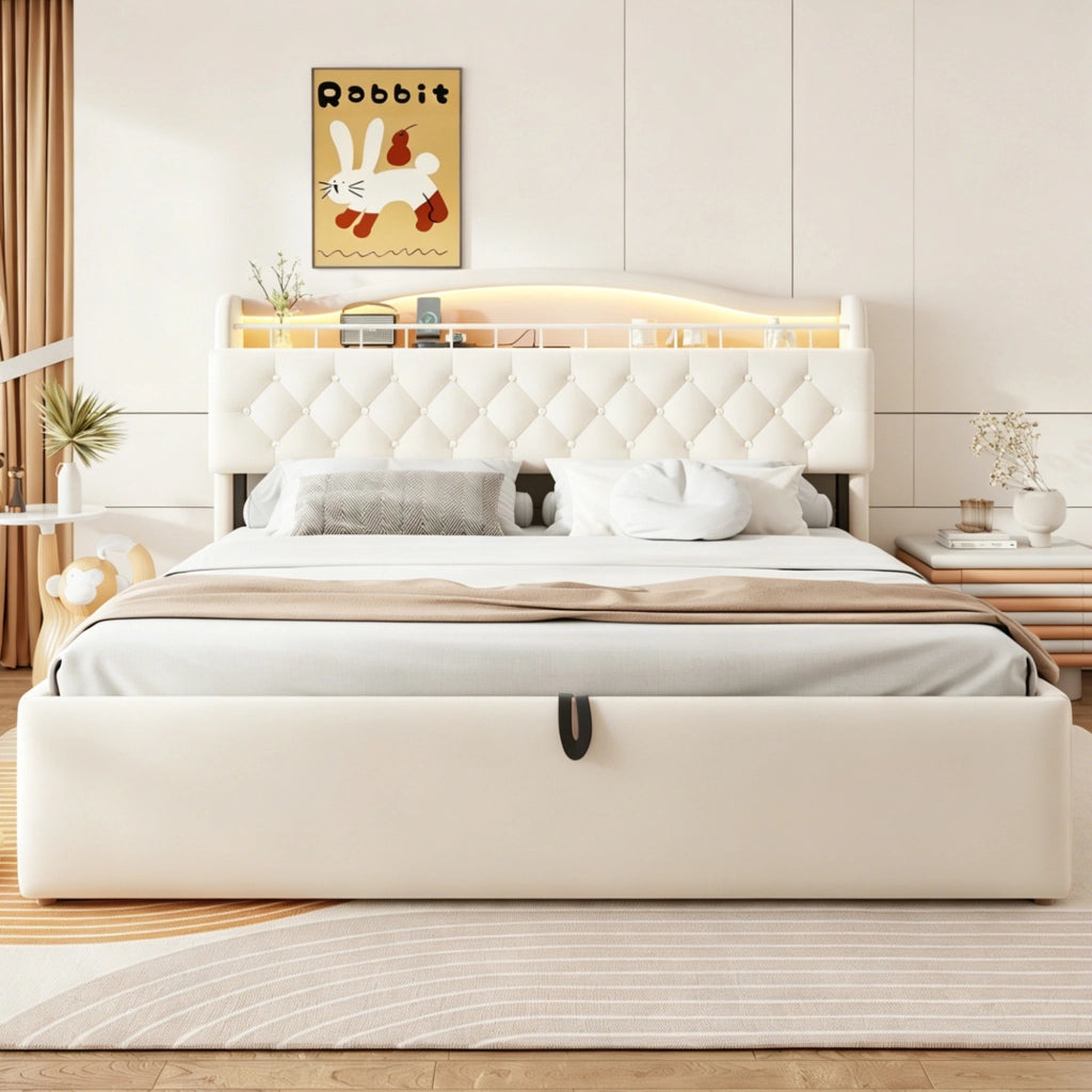 DESMIU Lit contenitore 180 × 200 cm 2 posti con luce LED, USB, USB-C e vani nel testiera, senza materasso, beige