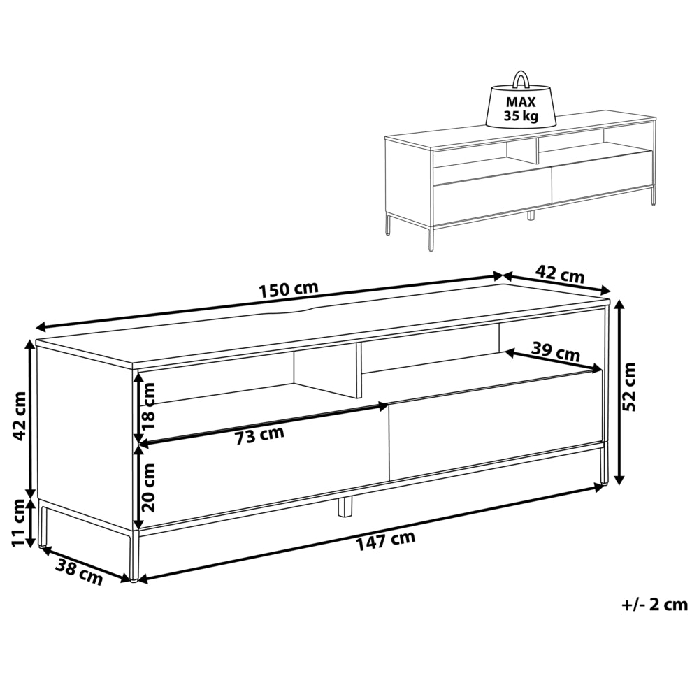 Mobile TV bianco con LED per TV fino a 70ʺ con ripiani a 2 cassetti