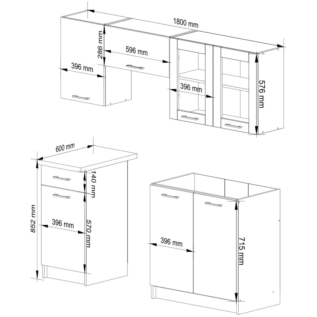 Set da cucina con vetrina AKORD OLIWIA 1,8 m Bianco 180 cm 7 ante 1 cassetto frontale Bianco 8 ripiani 180×46×203 cm