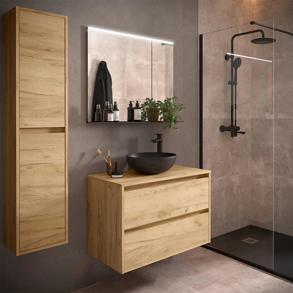 Mobile bagno sospeso 80 cm rovere africa con top per lavabo da appoggio Gaya