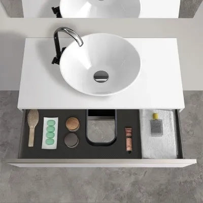 Mobile bagno sospeso 80 cm bianco opaco con top e specchio tondo Master