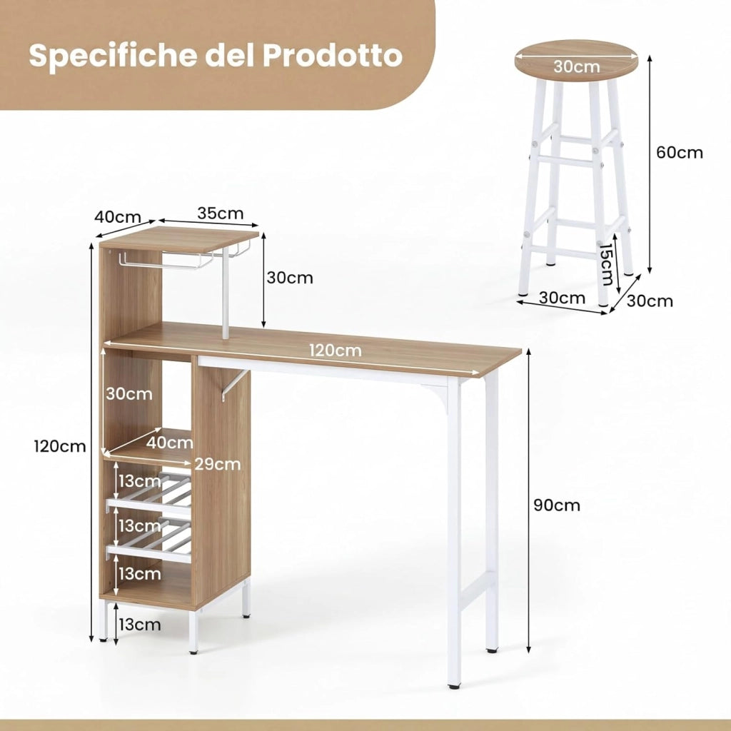 Set 3 Pezzi Tavolo e Sedie da Bar, Tavolo e Sgabelli da Pub Industriale con Porta Calici e 6 Portabottiglie da Vino, Set di Tavolo per Sala da Pranzo, Ristorante e Bar (Legno)